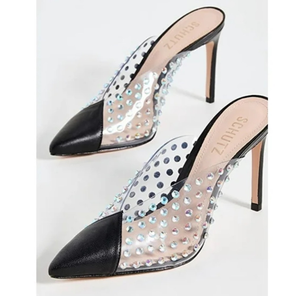 Schutz Greece Black Clear Vamp Rhinestones Stiletto Heel Mule Pumps 9.5